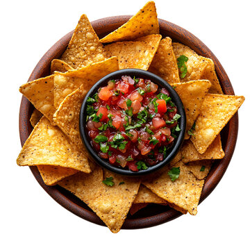Tortilla chips and salsa in bowl overhead view