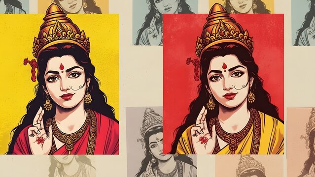 Goddess saraswati pop art illustration set featuring vibrant colors and traditional indian jewelry