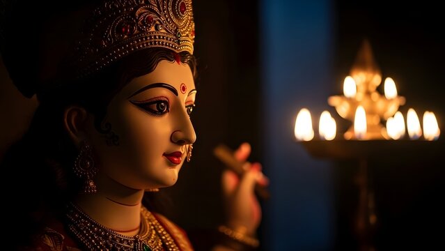Beautiful profile of goddess durga idol with burning oil lamps in dark night during navratri puja