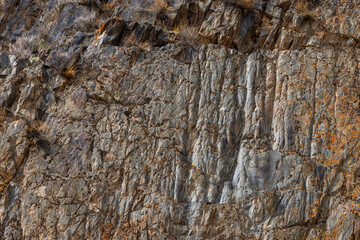 Large rugged rock formation showcases significant texture and striations in a stark, desolate environment. Sparse vegetation clings to crevices, highlighting natural beauty in daylight.