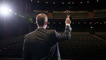Professional auctioneer on a dark stage holds a gavel, prepared to close a significant auction.