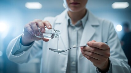 Scientist in a white lab coat carefully pours a clear liquid from a small bottle into a silver spoon.