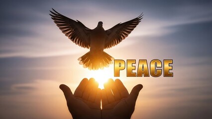 Silhouetted hands reach upwards towards a flying dove, with "peace" glowing against a sunset sky.