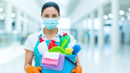 Professional cleaning woman wearing a face mask and orange gloves holds a bucket full of various cleaning supplies.
