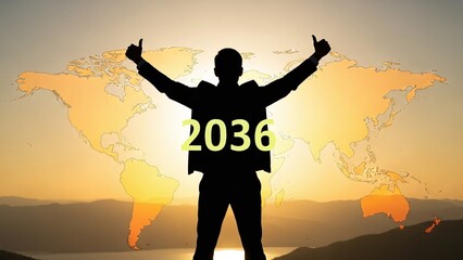 Triumphant silhouette stands against a sunset, showcasing a world map and the year 2036.
