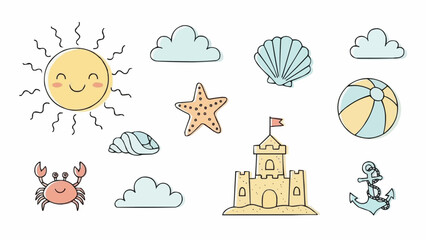 Cute Summer Beach Elements Collection Sun Clouds Seashells Starfish Crab. © Joho
