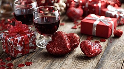 Red wine glasses, sparkling heart decorations, and wrapped gift boxes create a romantic setting on a rustic wooden table, symbolizing love and celebrating special occasions