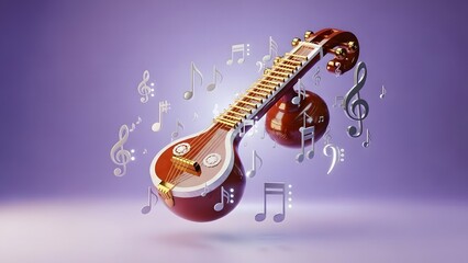 3d render of traditional indian veena musical instrument floating among musical notes