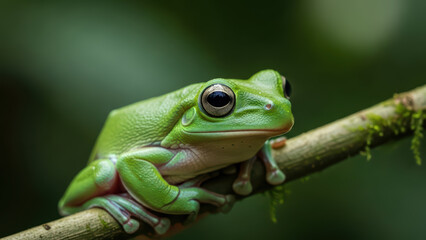 Fototapeta premium Green Frog Sitting on a Branch in a Forest