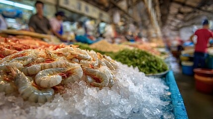 Fresh shrimp and prawns packed on ice are prominently displayed at a bustling indoor seafood market, showing a wide array of seafood products available for purchase