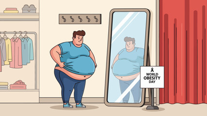 Obese Man Looking in Mirror on World Obesity Day.