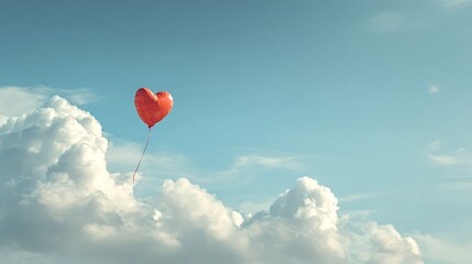 Red heart balloon drifting above soft white clouds in a pastel blue sky, evoking love, hope and freedom with gentle, airy romance and ample copy space