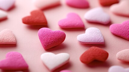 Pink, red and white candy hearts scattered on a soft pink surface, romantic sweet pattern evoking love, celebration and tender emotions for valentine's day and special occasions