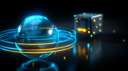A digital globe of planet Earth surrounded by orbiting data rings next to a machine representing global data circulation and connected information systems.
