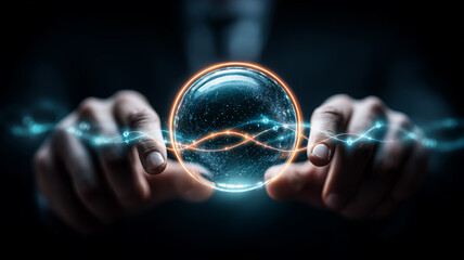 Two human hands holding a transparent energy sphere with flowing data lines representing digital connectivity balance and technology integration.
