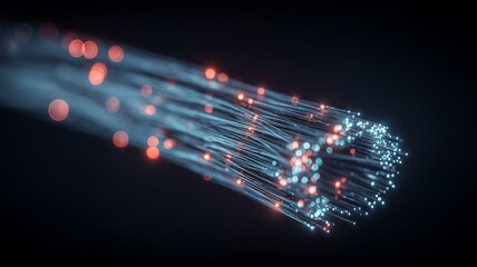 A bundle of optical fiber strands emitting data signals representing high speed data transmission and communication infrastructure.
