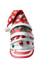 A Christmas tree made of stacked wrapped presents with a Santa hat on top on transparent background