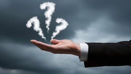 Businessman's hand holds up three smoke-like question marks against a dramatic stormy sky.