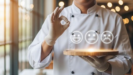 Chef in white uniform and gloves gives an "ok" gesture, displaying customer satisfaction ratings with emoji faces.