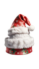 A red Christmas Santa hat with white fur trim and holly pattern on transparent background