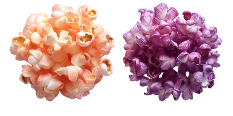 Two decorative floral clusters in peach and lavender
