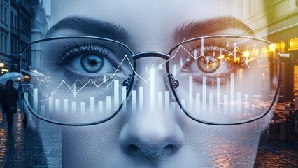 Close-up shot of focused eyes behind glasses reflecting intricate financial charts and city lights.