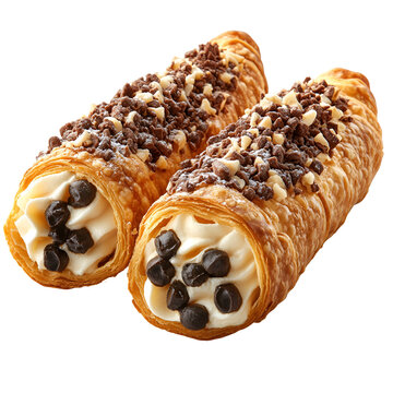 Two delicious cannoli pastries with chocolate chips