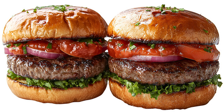 Two delicious burgers displayed closeup