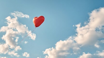 Fototapeta premium Red heart shaped balloon drifting upwards against a bright blue sky filled with soft white clouds, symbolizing love, freedom, hope, and new beginnings