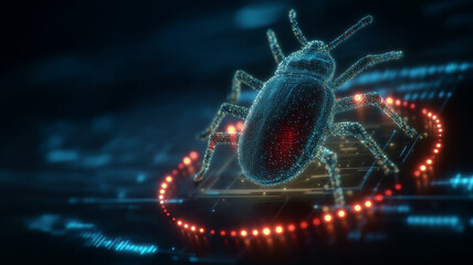 A digital data structure shaped like an insect standing on a virtual circuit surface representing malware infiltration and cybersecurity threat impact.
