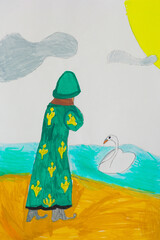 Figure in green robe by the water with a swan