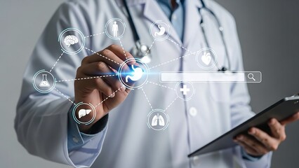 Doctor in a white coat points at a glowing stomach icon surrounded by a network of diverse medical symbols and a search bar.