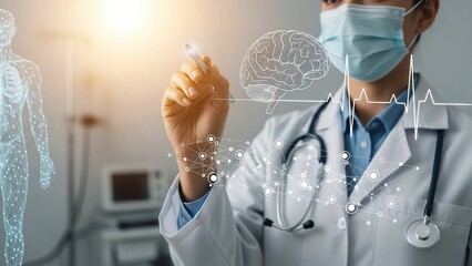 Doctor in a mask and stethoscope interacts with holographic projections of a human body, brain, and heartbeat rhythm.