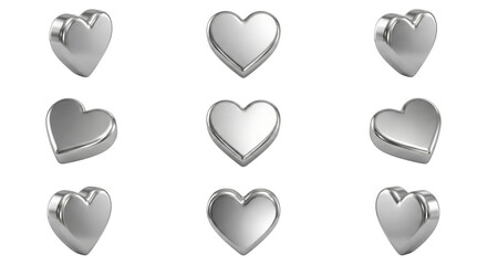 Shiny Silver Heart Shapes Collection Isolated on White Background