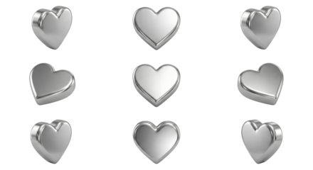 Shiny Silver Heart Shapes Collection Isolated on White Background