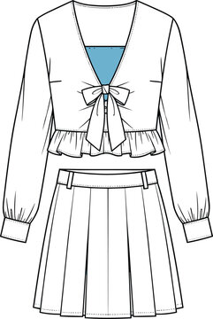 Fashion illustration of two-piece outfit with pleated skirt, deep V-neck top, bow detail, ruffled hem and cuffs