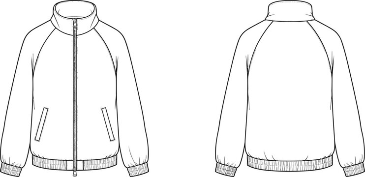 Front and back technical flat sketch of long-sleeve button-up cardigan with collar, ribbed cuffs and hem for fashion design