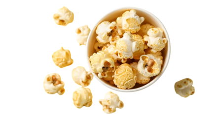 Bowl of popcorn with scattered kernels