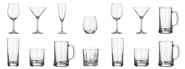 Collection of assorted empty clear glass drinkware arranged on a white background