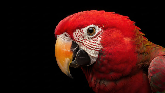 Close-up of a vibrant red parrot with striking features