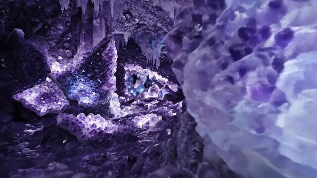 A glowing amethyst cave with crystalline rock formations inside