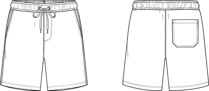 Technical fashion sketch of elastic waistband shorts with drawstring, side pockets, patch pocket, front and back views.