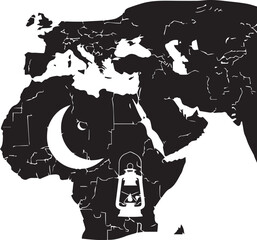 Silhouette of africa and middle east with crescent moon and lantern
