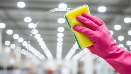 Hand wearing a bright pink rubber glove is diligently cleaning a clear glass surface with a yellow sponge.
