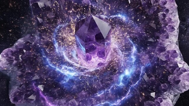 A glowing amethyst crystal in the depths of outer space