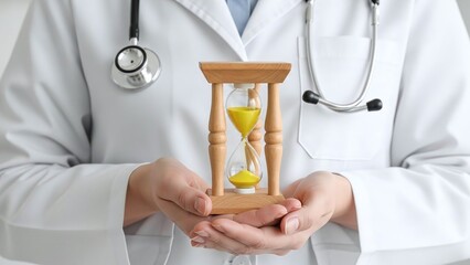 Healthcare professional in a white coat carefully holding a classic hourglass, emphasizing critical time management.