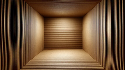 A minimalist, textured room with corrugated walls and gentle lighting, creating a warm, inviting atmosphere of solitude and inner reflection.