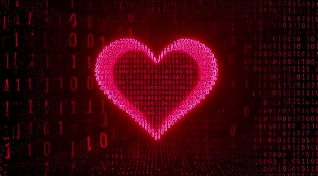 Digital Red Binary Code Forming Heart Shape in Cyber Space Matrix Style Love Concept