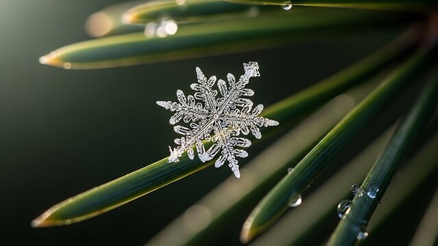 A delicate snowflake rests on a pine needle, surrounded by water droplets, captured in a close-up, high-definition photograph.