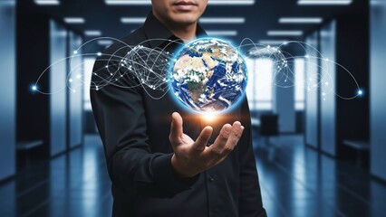 Man holds a glowing digital earth in his palm, surrounded by global network connections.